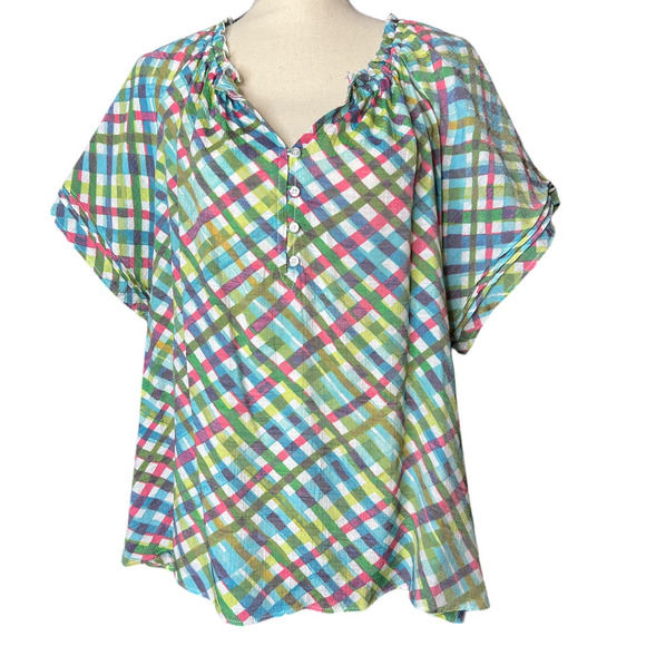 Zac & Rachel Blouse in Multicolored Plaid Ruffled Neckline Size L - Picture 1 of 6